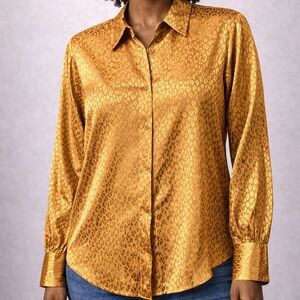 ✨ Gold Satin Leopard Print Blouse Button Front | Long Sleeve | Luxe Sheen Finish